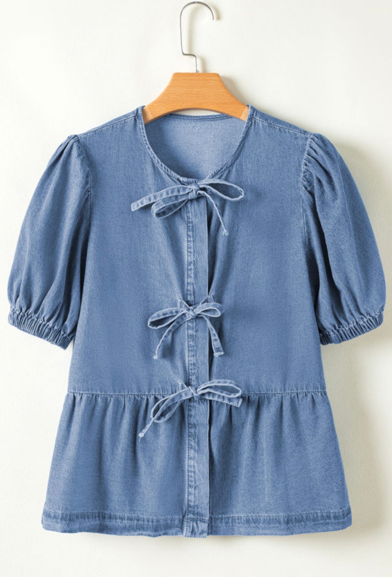 Bow Tie Front Bubble Sleeve Denim Shirt