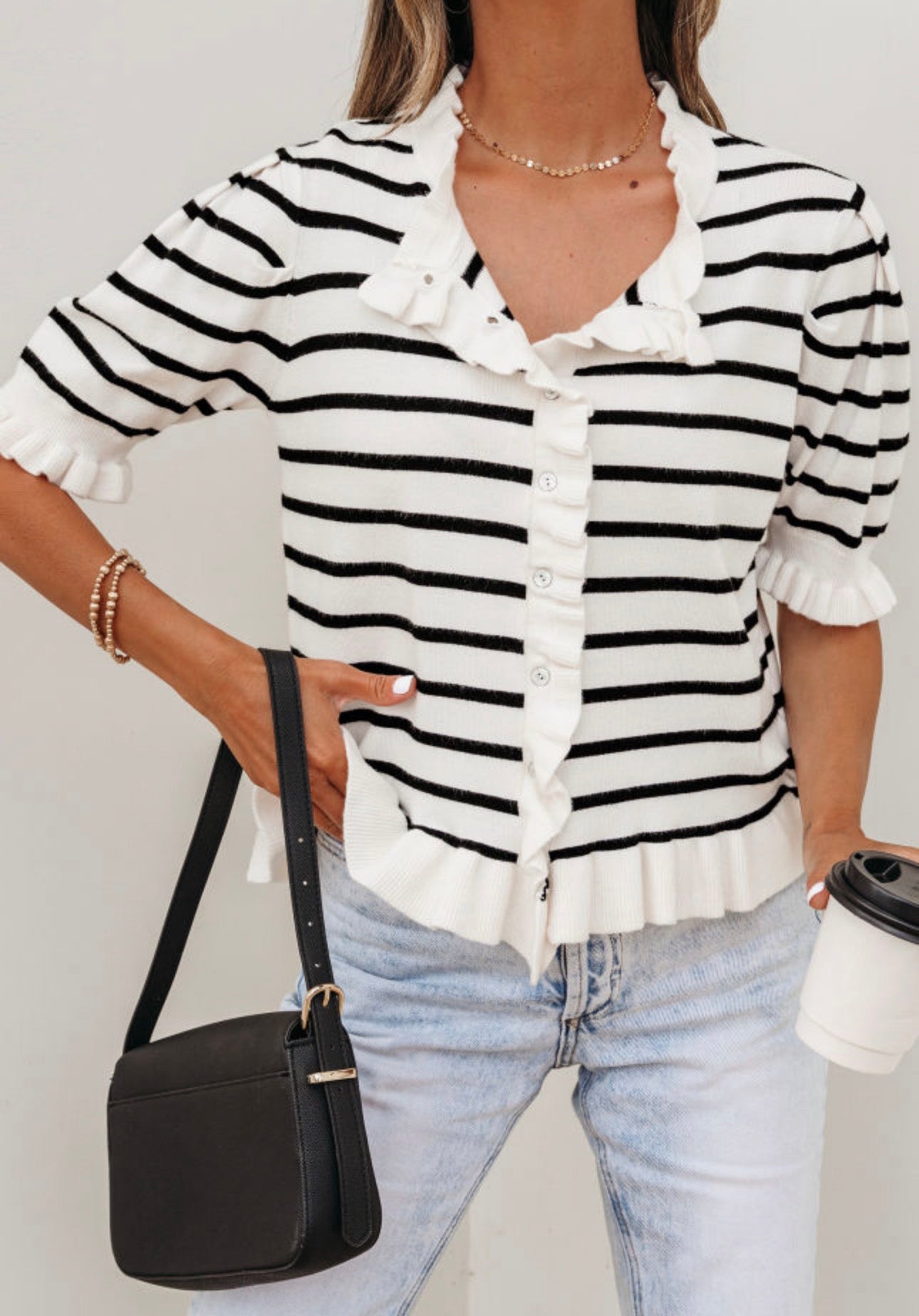 Striped Ruffle Trim Button Down Sweater Cardigan