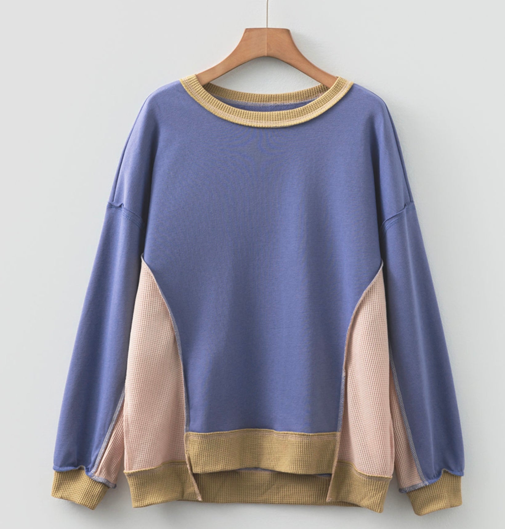 Blue Colorblock Waffle Oversized Sweatshirt
