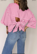 Pink Striped Bowknot Backless Shirt