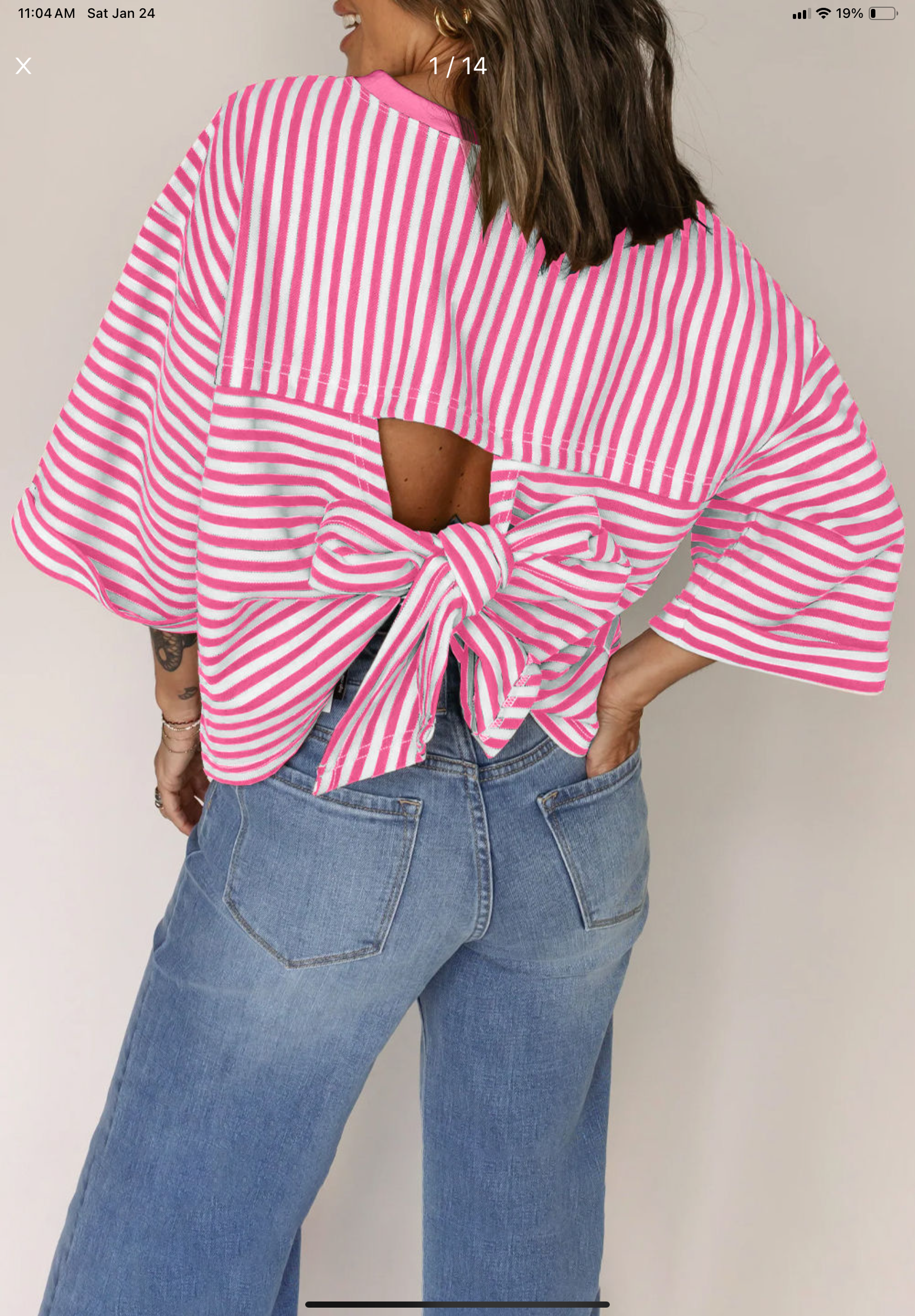 Pink Striped Bowknot Backless Shirt