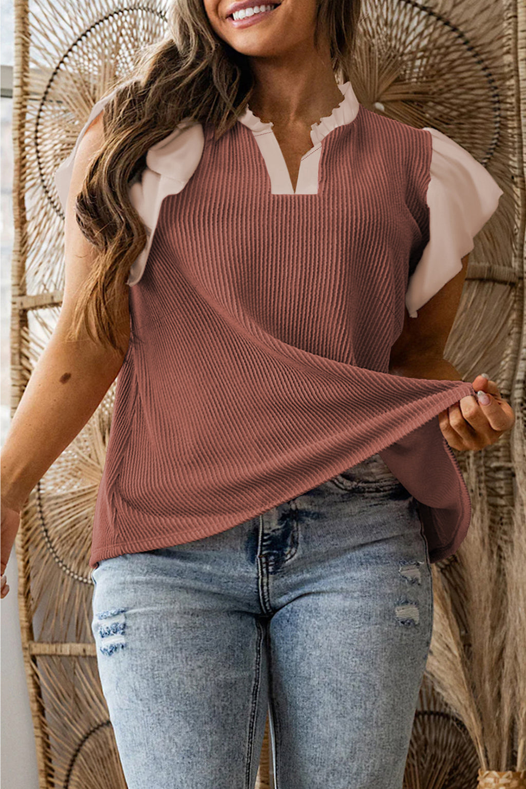 Curvy Rose Ruffled Sleeve Top