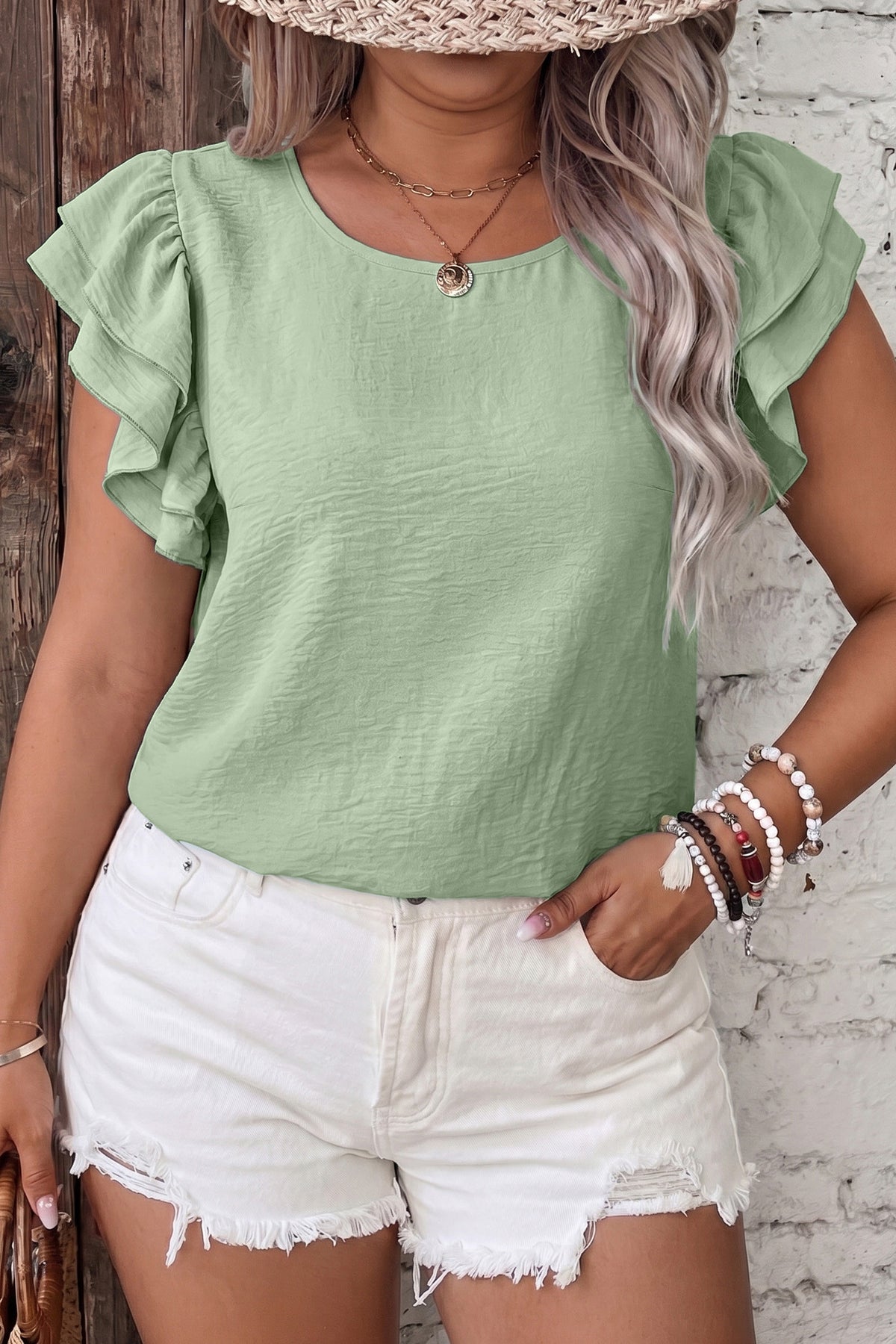 Curvy Green Ruffle Sleeve Top