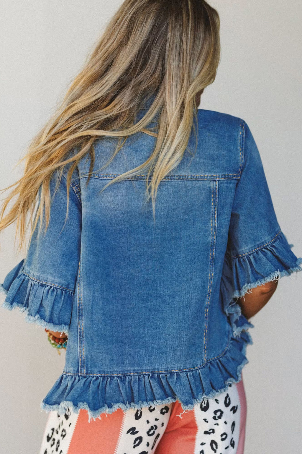 Ruffle Hem Half Sleeve Denim Jacket