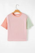 Rose Red Corded Colorblock Crewneck T-shirt