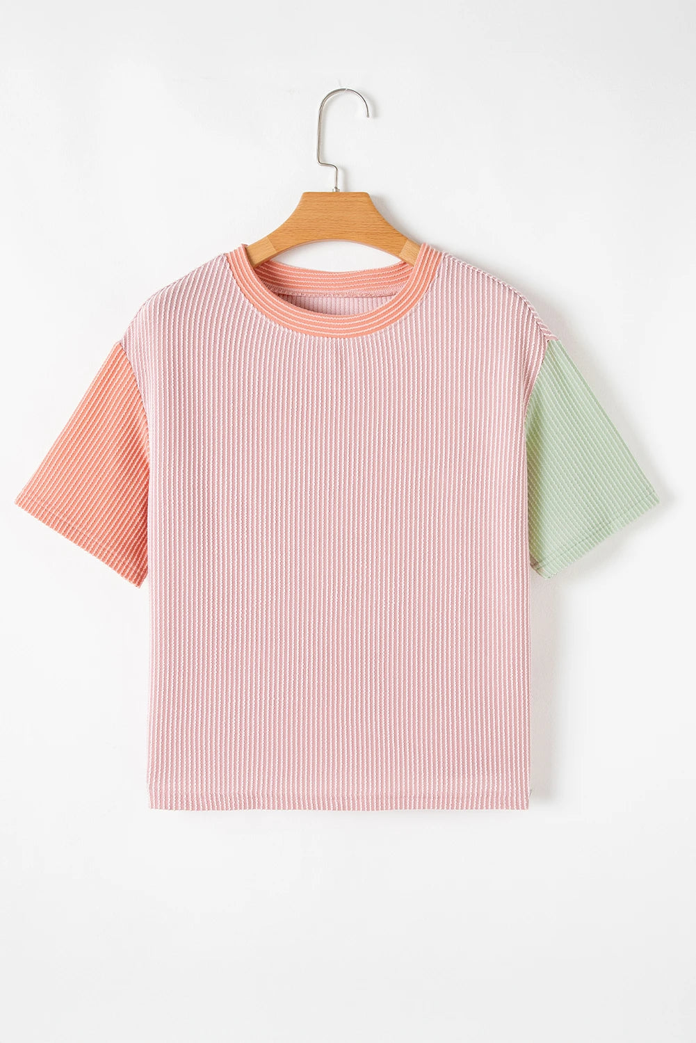 Rose Red Corded Colorblock Crewneck T-shirt